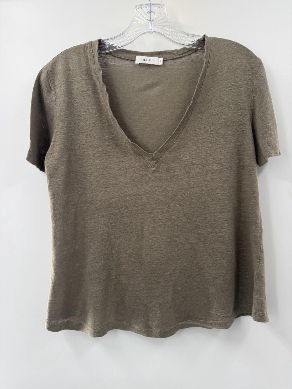 A.L.C. Women’s Short Sleeve V Neck Linen Olive Green Top Tee Minimalist Small
